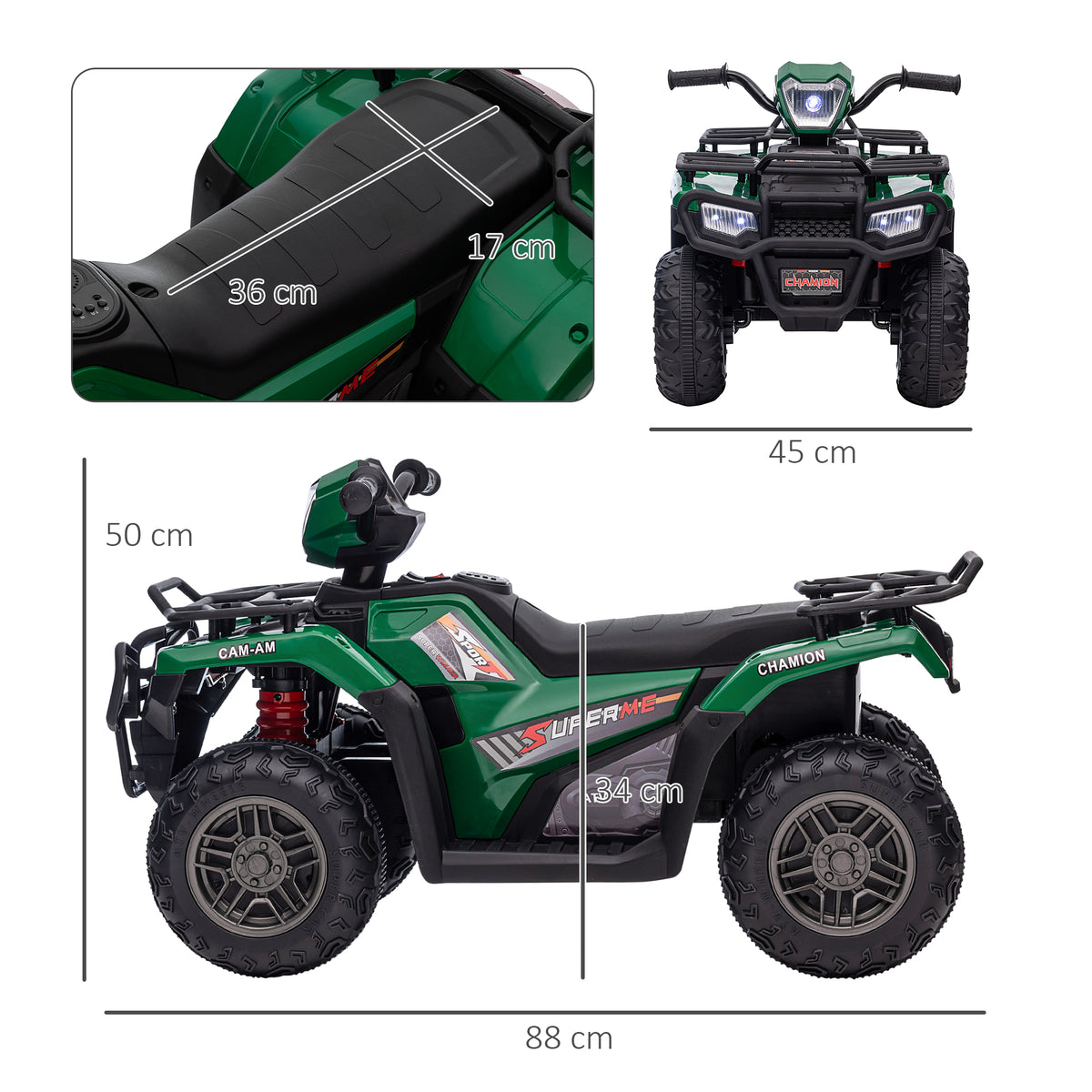 Kinder-Elektroquad, max. 4 km/h, ab 3 Jahren, LED-Scheinwerfer, Musikanschluss, schwarz+grün 88 x 45 x 50 cm