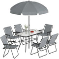 8 Piece Garden Dining Set with Umbrella, Garden Furniture Set with 6 Folding Chairs, Tempered Glass Table for Patio Grey