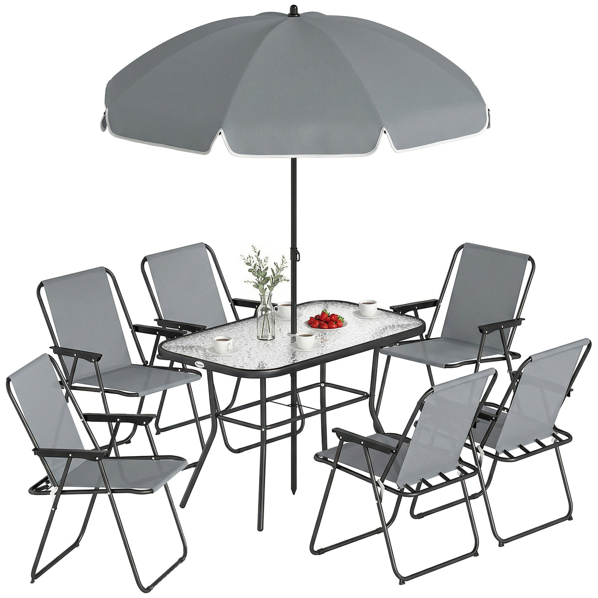 8 Piece Garden Dining Set with Umbrella, Garden Furniture Set with 6 Folding Chairs, Tempered Glass Table for Patio Grey