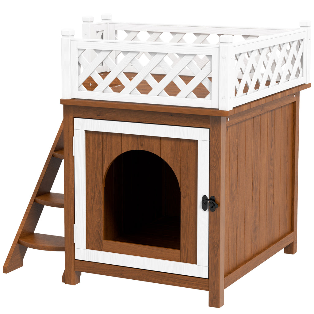 Katzenhaus, zweistöckig, mit Balkon und Treppe, für drinnen und draußen, für Katzen und Kaninchen, Tannenholz, Braun