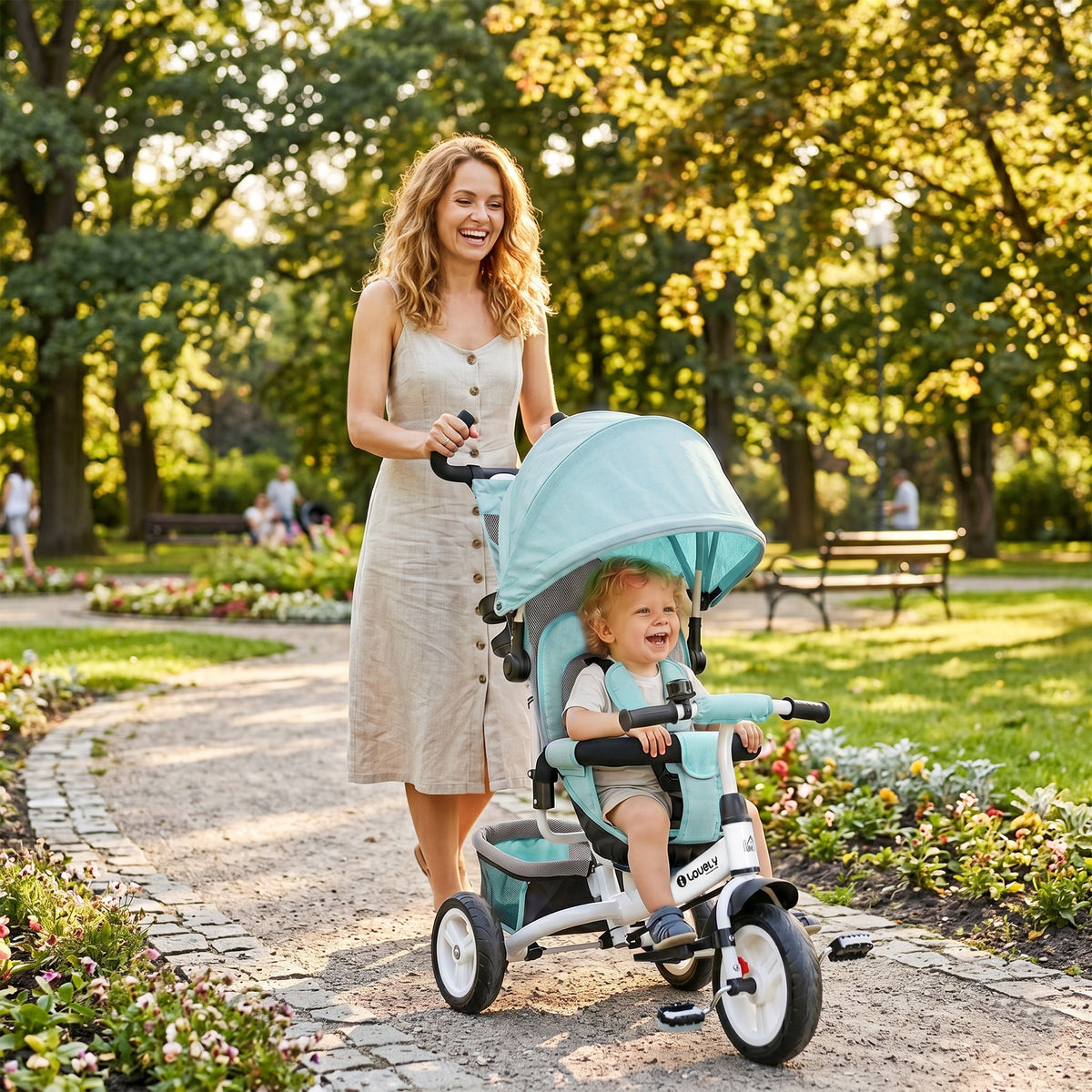 6 in 1 Kids Trike with Parent Handle, Canopy, 5-point Seat Belt, Storage, Footrest, Brake, for 1-5 Years, Green