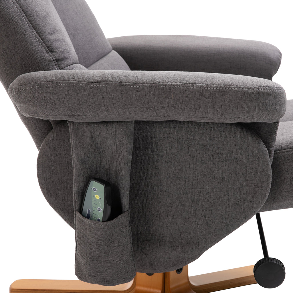 Relaxsessel mit Hocker, 360°drehbarer Fernsehsessel mit Massage, Liegefunktion, Massagesessel mit Seitentasche, TV-Sessel, Polyester für Wohnzimmer Dunkelgrau