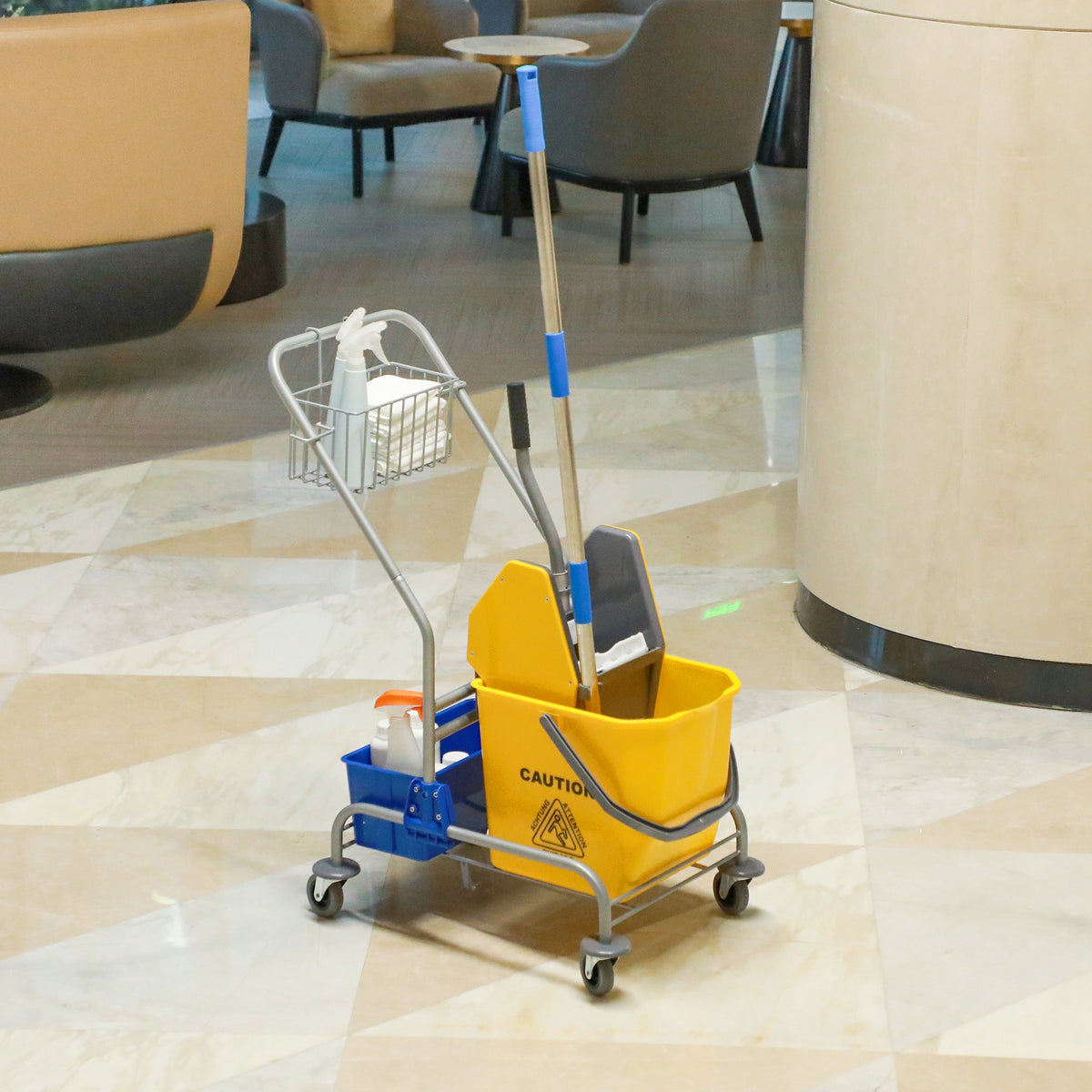 Reinigungswagen, Moppwagen, 25 L Fassungsvermögen, 4 Räder, Kunststoff, Gelb