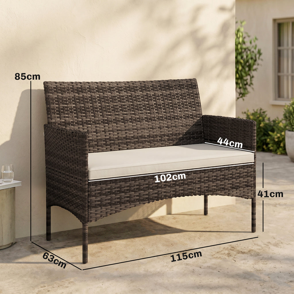 2-Sitzer Rattan Gartensofa PE-Rattan Outdoor-Terrassen-Sofa mit Polster, Anti-Rutsch-Matten, Stahlrahmen, Khaki