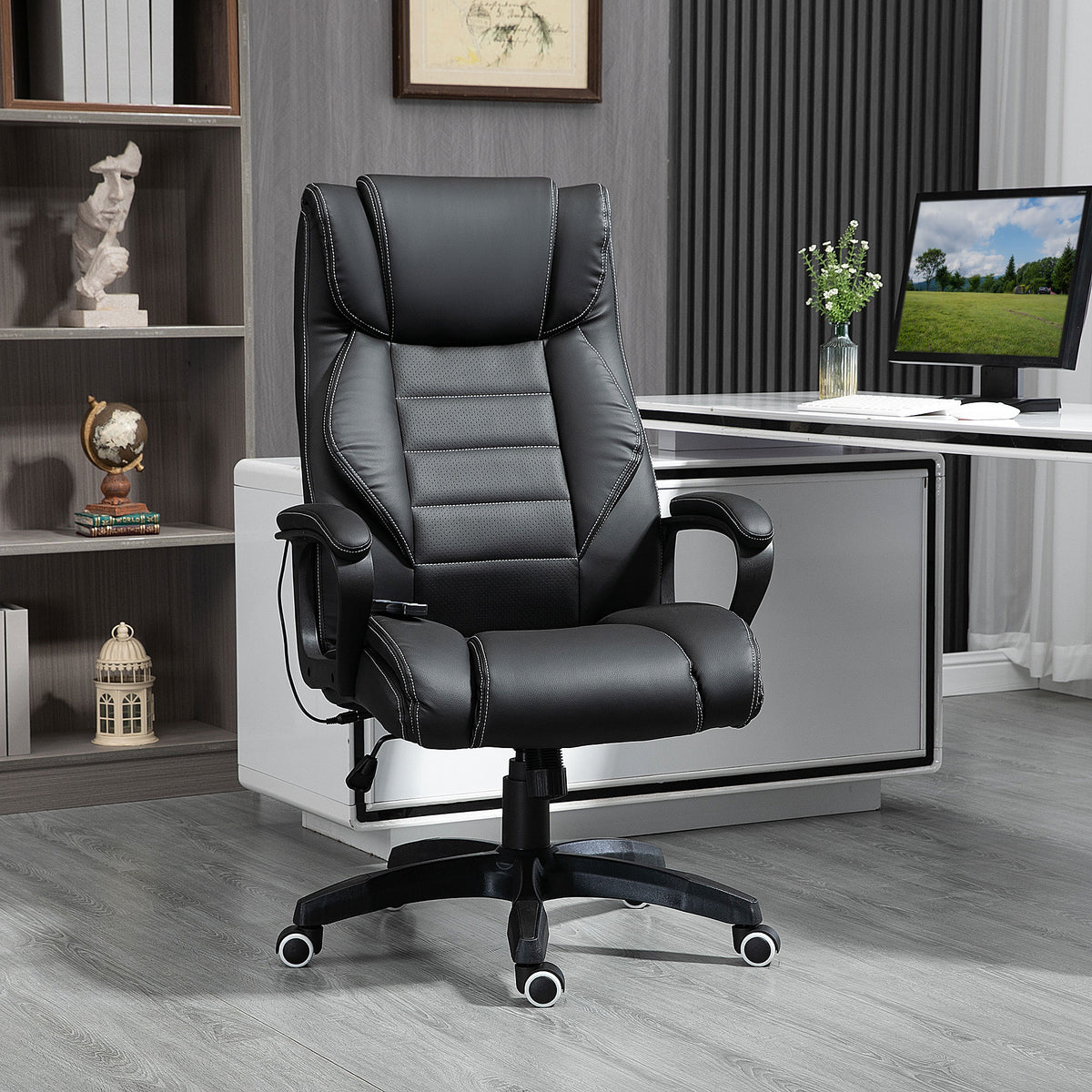 Bürostuhl mit Massagefunktion, höhenverstellbarer Chefsessel, ergonomischer Drehstuhl, 6 Vibrationspunkte, Schwarz