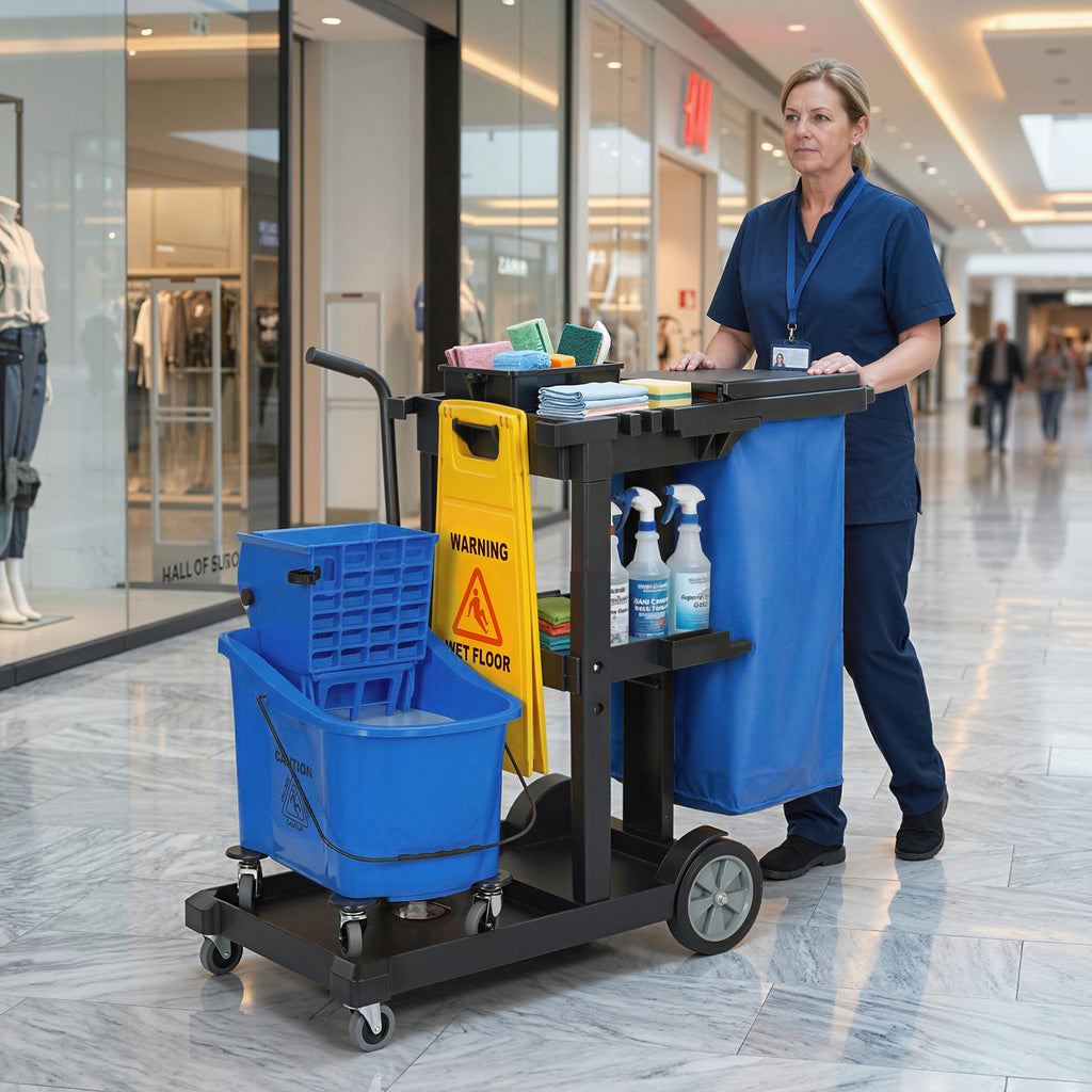 Reinigungskarre, Rollender Putzwagen mit 3 Ablagen, 70-Liter-Müllsack, Mop-Wringer-Eimer, Blau