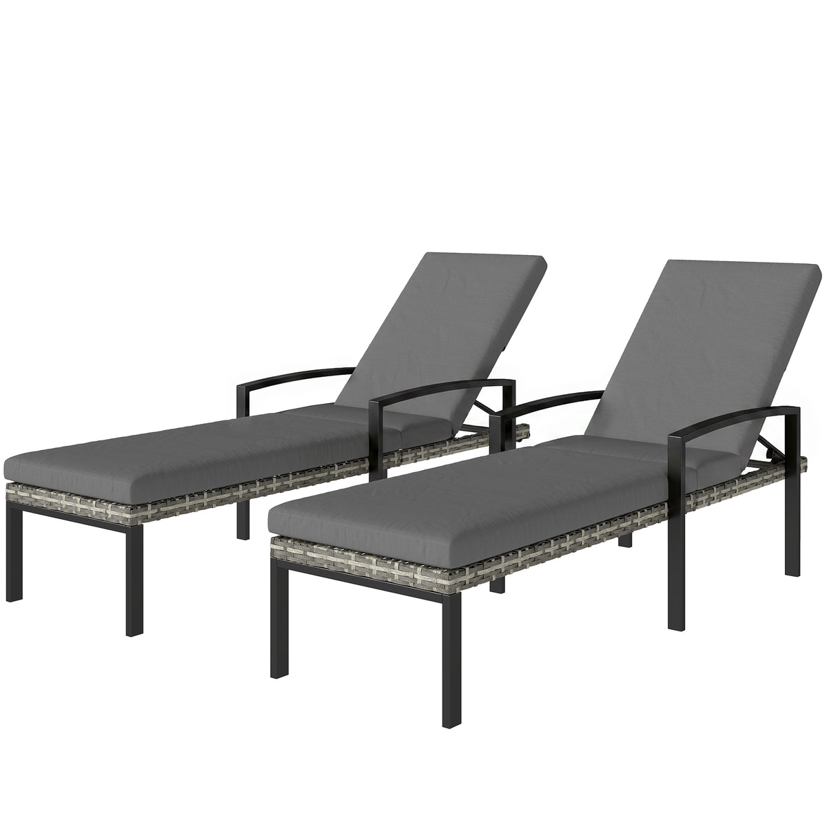 2er Set Sonnenliege Polyrattan Gartenliege mit 5-Fach verstellbar Rückenlehne Auflage bis 120kg Hellgrau