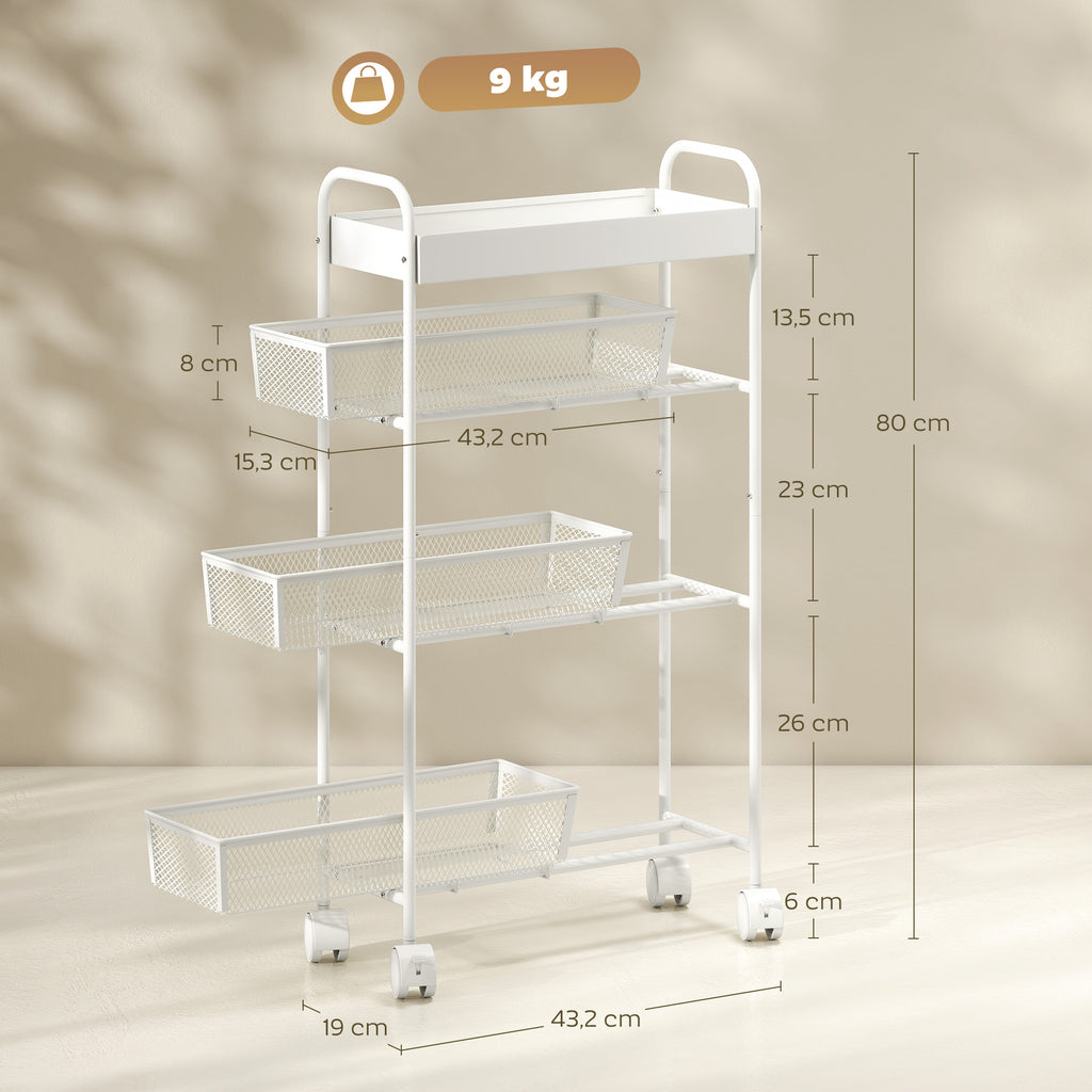 K¨¹chenwagen aus Metall, 3 K?rbe, schmales Design, 4 R?der, f¨¹r K¨¹che, Wohnzimmer, Badezimmer, Wei?