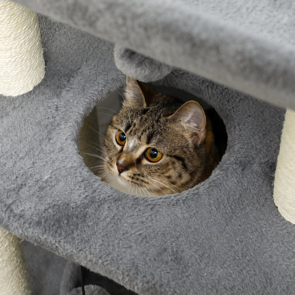 Cat Tree Tower, with Scratching Posts, Pad, Bed, Perch, Toy Ball - Light Grey