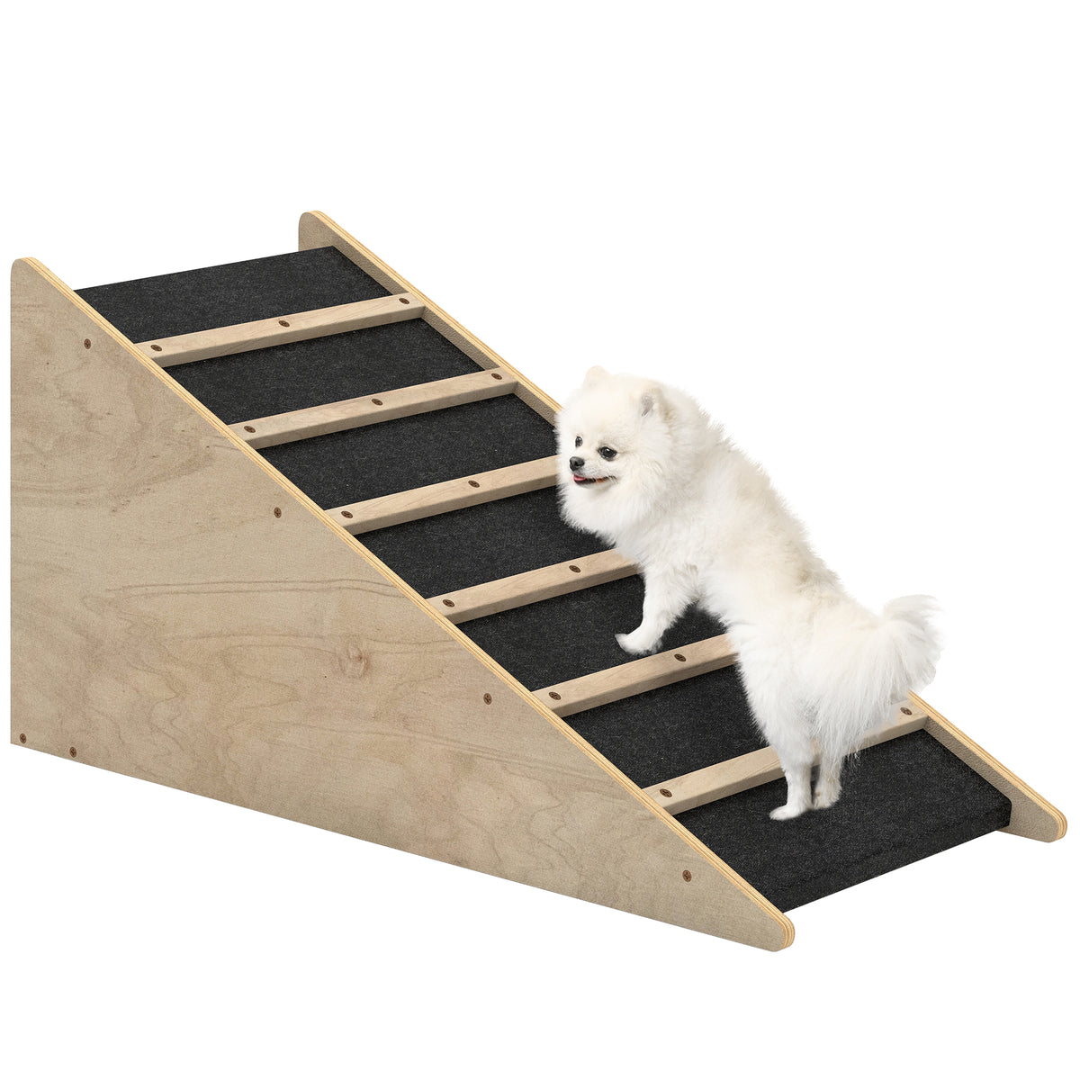 Haustiertreppe, Hundetreppe, Kiefernholz, Anti-Rutsch-Beschichtung, 90 cm x 40 cm x 45 cm, Natur + Grau
