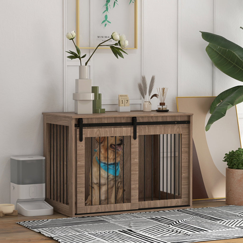 Hundebox Hundekäfig, Verriegelbar, Holzoptik, rustikales Design, 98 cm x 58 cm x 61 cm, Walnuss + Schwarz