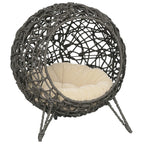 Raised Rattan Cat House, with Cushion - Silver-Tone & Grey