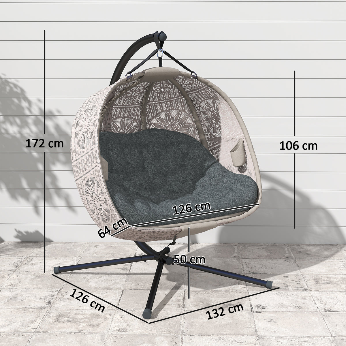 Hängesessel mit Gestell, Eiförmiger Hängeschaukel mit abnehmbarem waschbarem Kissen, Hängematte für 2 Personen, Schaukelsessel Indoor Outdoor, Sand+Schwarz