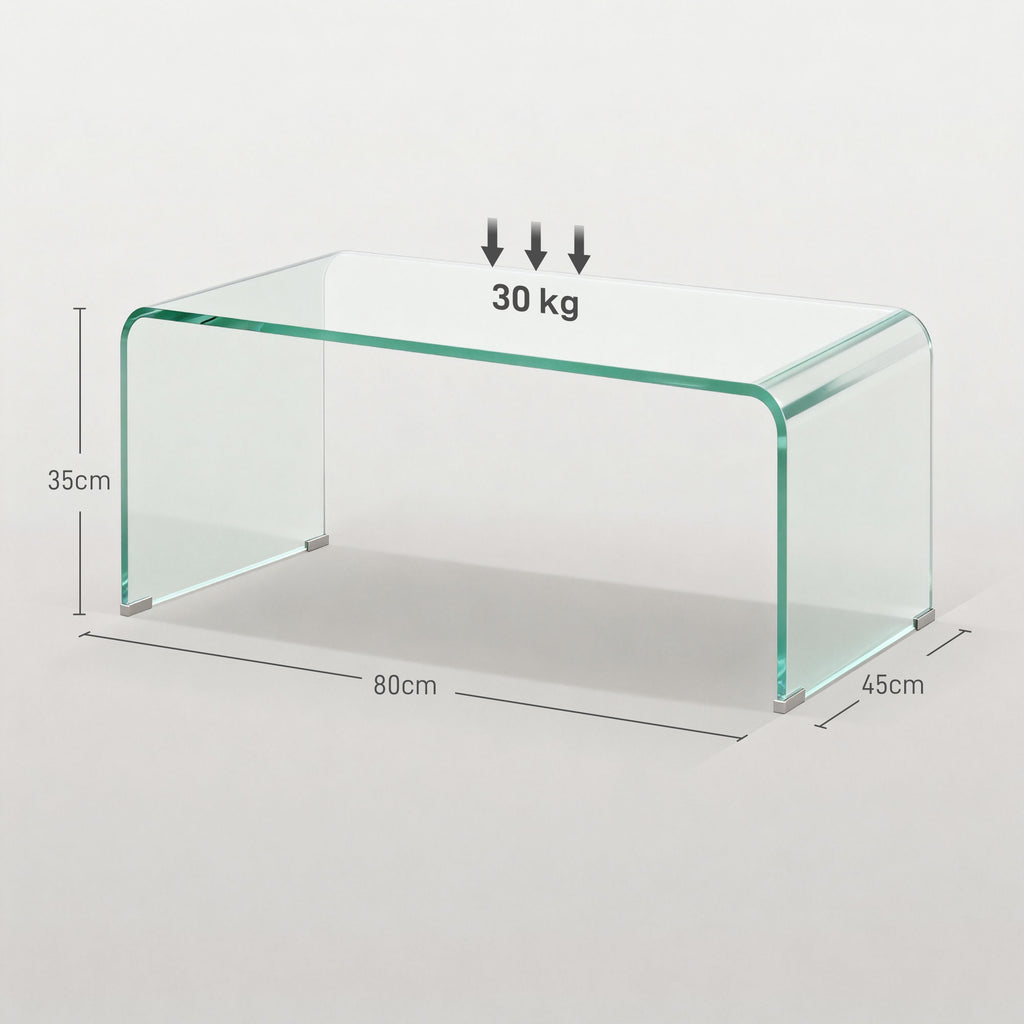 Stabiler Couchtisch aus Glas, einteiliges Design, schlicht und modern, 80 x 45 x 35 cm, Transparent