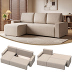 Ecksofa mit Schlaffunktion und umkehrbarer Chaiselongue, L-förmiges 3-Sitzer Sofa aus Veloursbezug, Beige