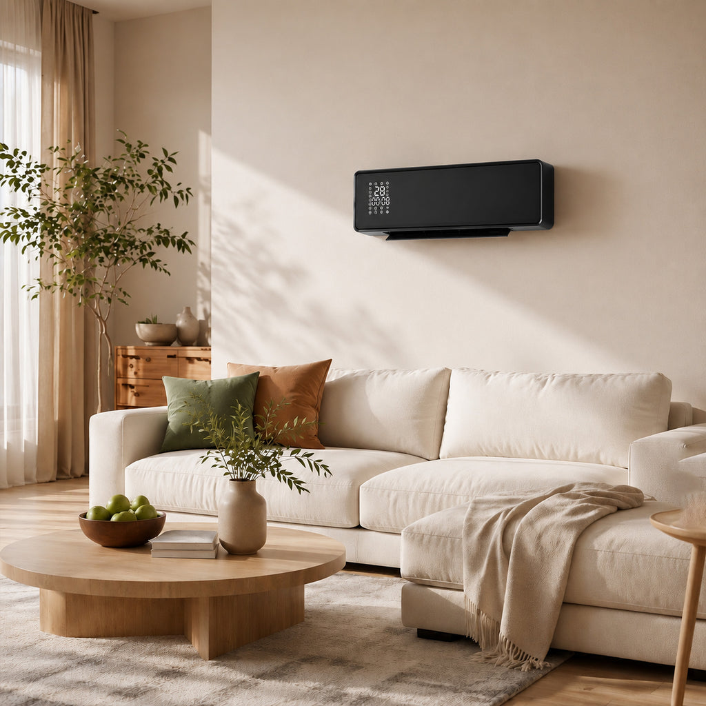 Wandmontierter 2000W Keramik Elektroheizer, Ventilator, Thermostat, Timer, Fernbedienung, Glaspaneel, Schwarz