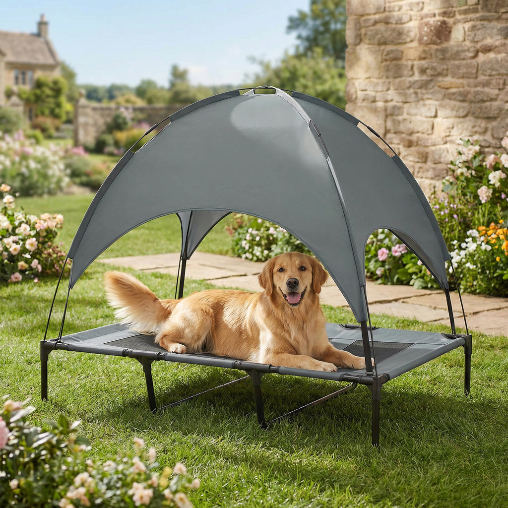 Erhöhtes Hundebett mit Baldachin, Haustierbett, Hundeliege outdoor mit Dach, Atmungsaktiv, Taftstoff für Camping Grau 122 x 92 x 108 cm