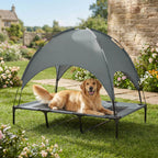 Erhöhtes Hundebett mit Baldachin, Haustierbett, Hundeliege outdoor mit Dach, Atmungsaktiv, Taftstoff für Camping Grau 122 x 92 x 108 cm