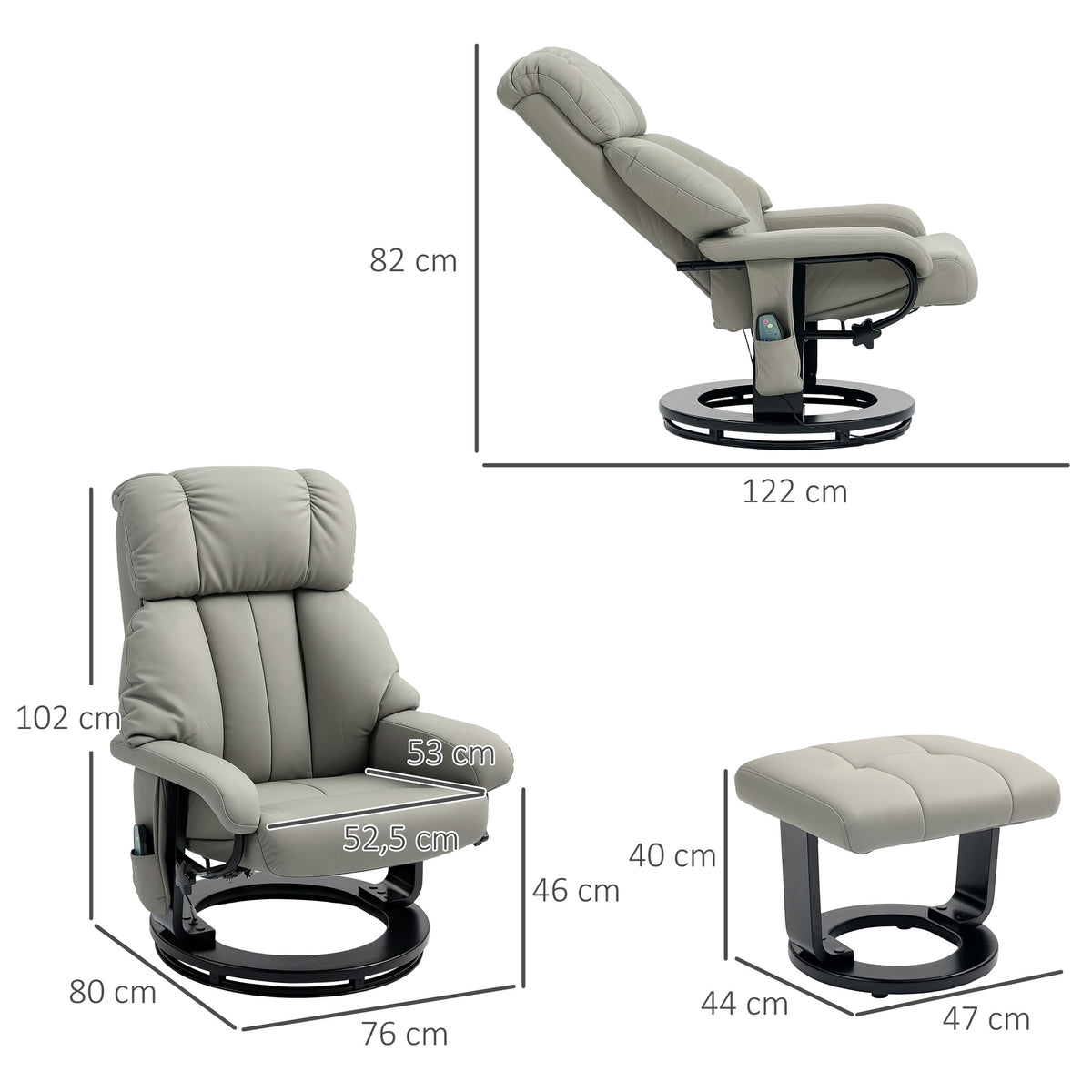 Relaxsessel Massagefunktion Fernsehsessel mit Seitentasche, Kunstleder, Grau