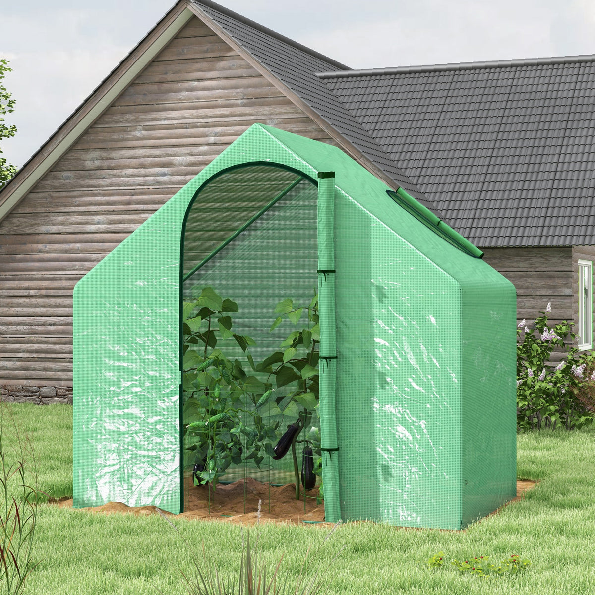  Walk In Tomato Greenhouse Garden Outdoor Mini Greenhouse Flower Planter Steel Frame with Zipped Door & Window, PE Cover, 180 x 100 x 168CM, Green