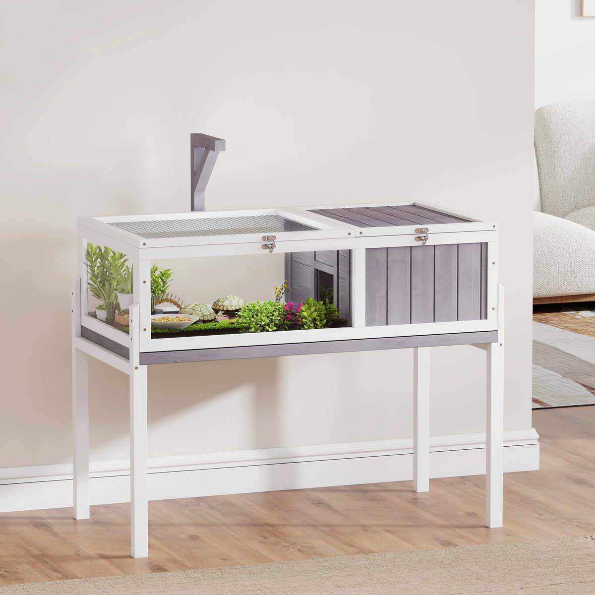 Wooden Tortoise House with Dual-Zone Habitat, Clear Panels, Openable Top, Metal Mesh, for Tortoises and Small Pets, Grey