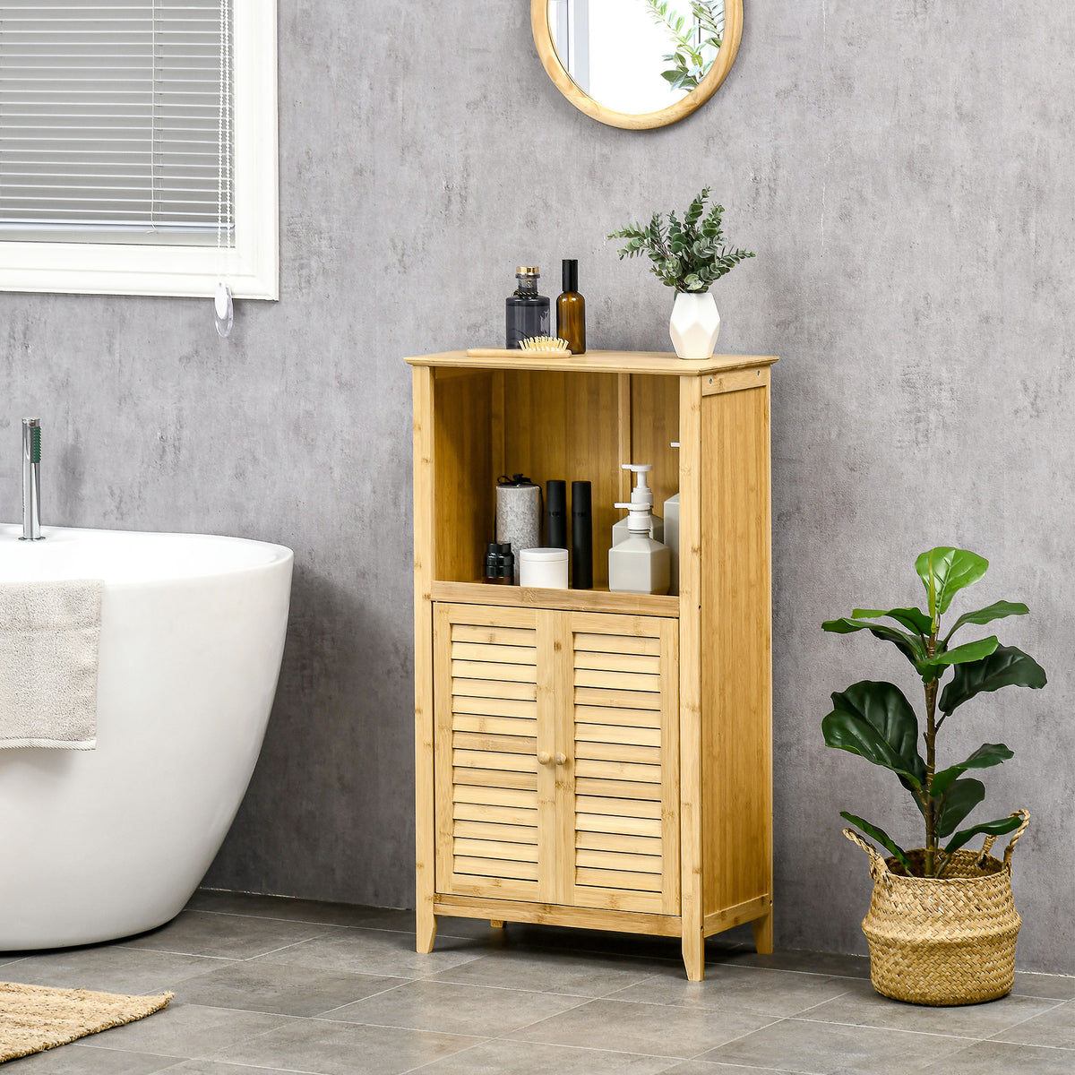 Badezimmerschrank Badschrank Standregal mit 2 Lamellentüren, offenem Regal, Bambus, Aufbewahrungsschrank Schrank für Badezimmer, Wohnzimmer 50 x 25,5 x 92cm Natur