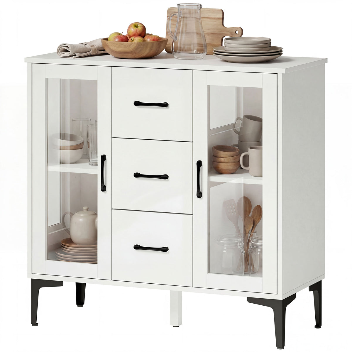 Modernes Sideboard mit Soft-Close-Türen, Buffetschrank mit 3 Schubladen, 2 Glastüren, verstellbare Regale, MDF, Weiß