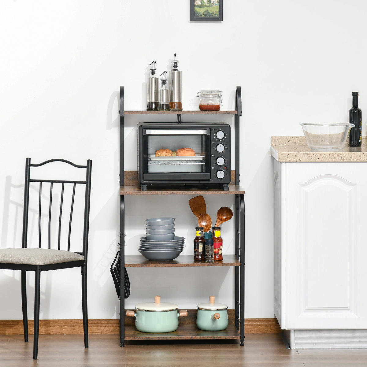 4-Tier Baker's Rack, Microwave Stand with 4 Hooks, Kitchen Storage Unit for Spices, Pots and Pans, Rustic Brown