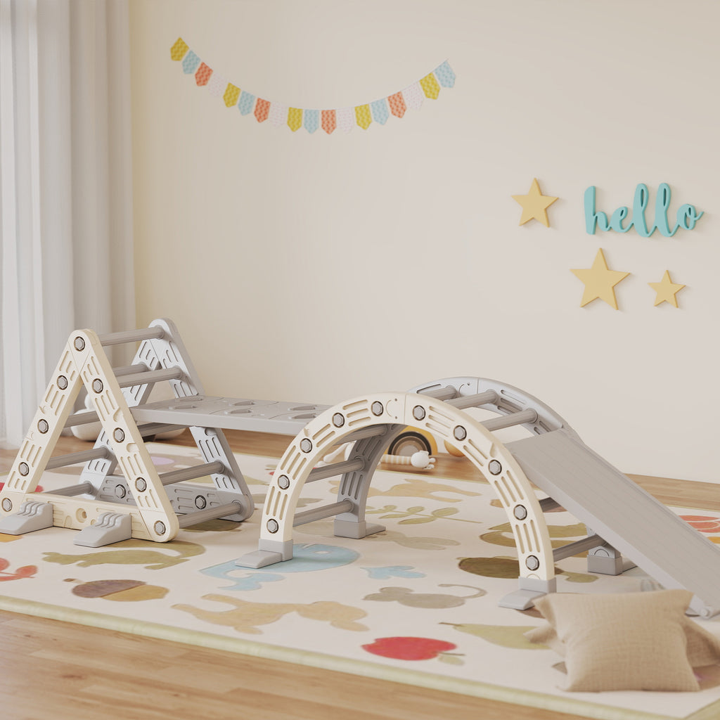 5 in 1 Kletterger¨¹st Montessori Indoor, Kletterdreieck mit Rutsche, Kletterbogen, doppelseitige Rampe, Spielplatz Indoor f¨¹r Kinder 18-48 Monate, Grau+Wei?