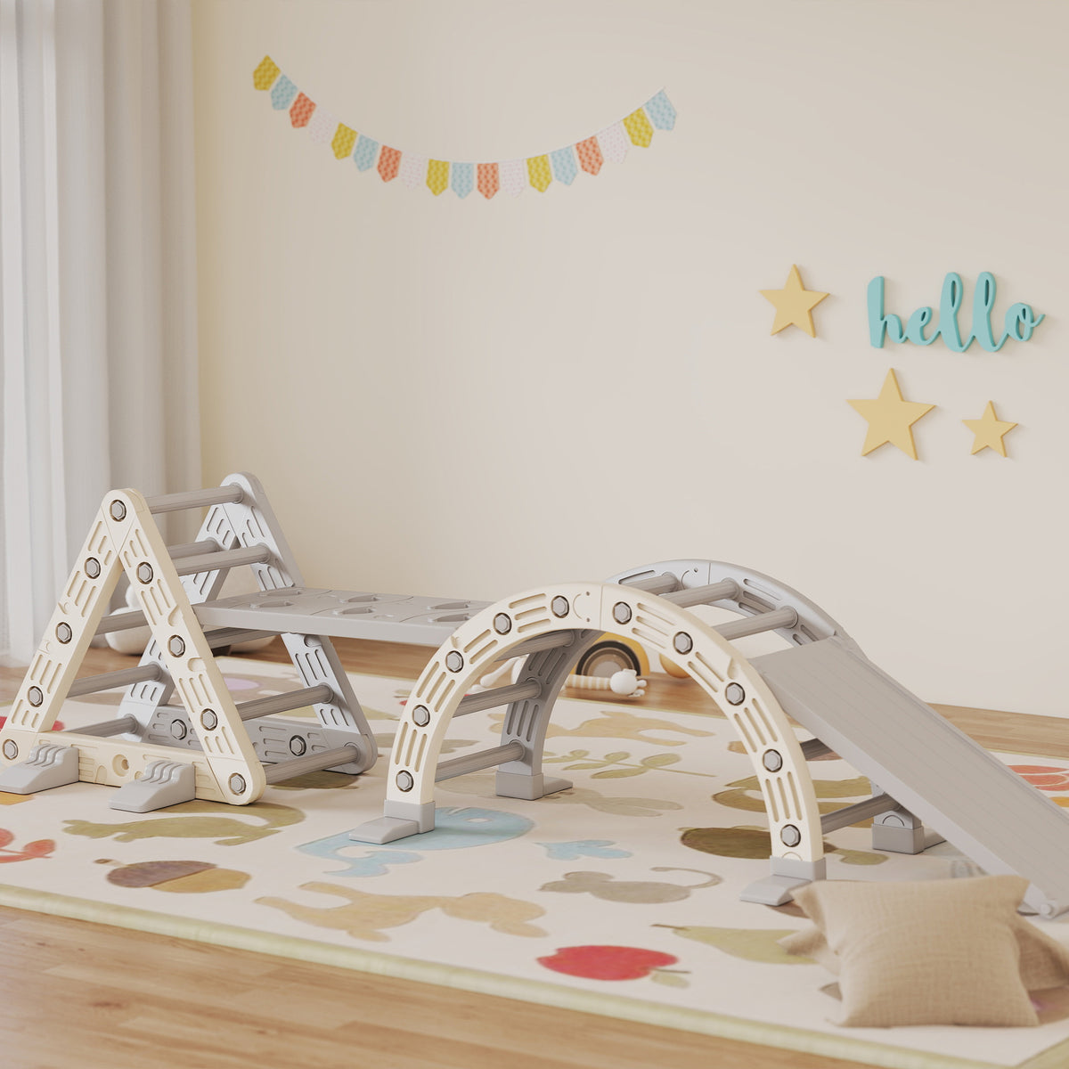 5 in 1 Kletterger¨¹st Montessori Indoor, Kletterdreieck mit Rutsche, Kletterbogen, doppelseitige Rampe, Spielplatz Indoor f¨¹r Kinder 18-48 Monate, Grau+Wei?