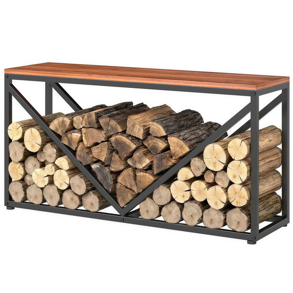 2-in-1 Kaminholzregal für innen 98 x 28 x 50 cm erhöhtes Brennholzregal mit Ablage Trennwand Beistelltisch