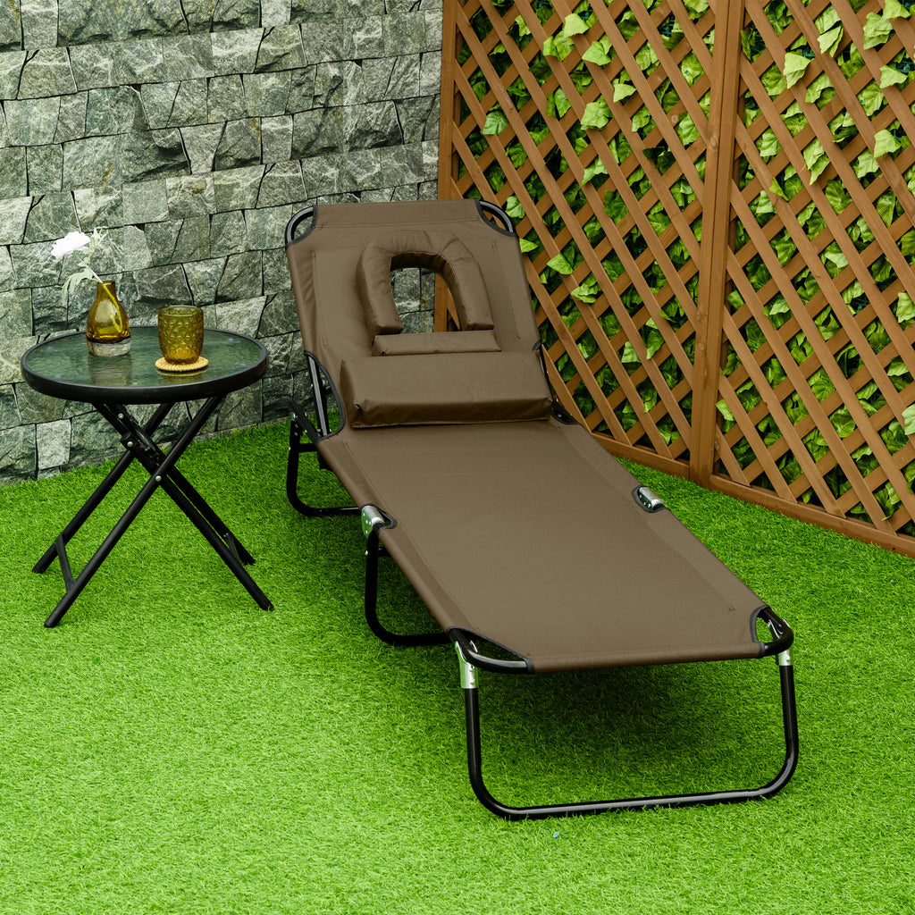 Sonnenliege klappbar Gartenliege mit Kopfkissen Liegestuhl mit 4-Fach verstellbare Rückenlehne Campingliege Gesichtsöffnung bis 120kg belastbar für Garten, Balkon und Pool Braun
