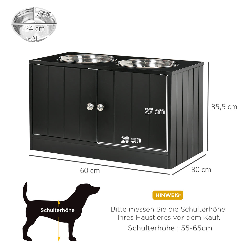 Raised Pet Feeder, with Two Bowls, Storage - Black