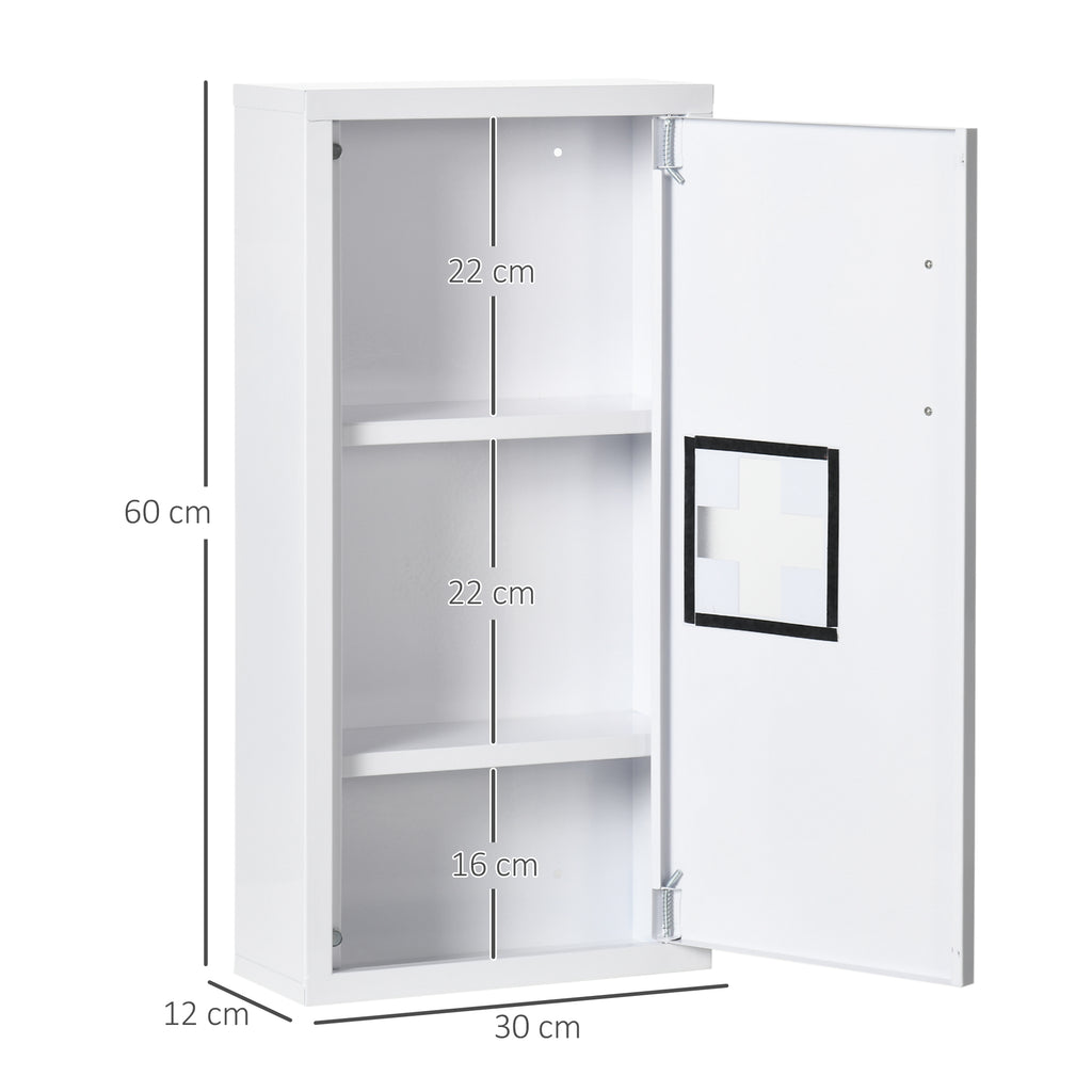 Medizinschrank, 3 Innenf?cher, Magnetverschluss, Kreuzsymbol, Stahlgeh?use, wei?, 30 x 12 x 60 cm