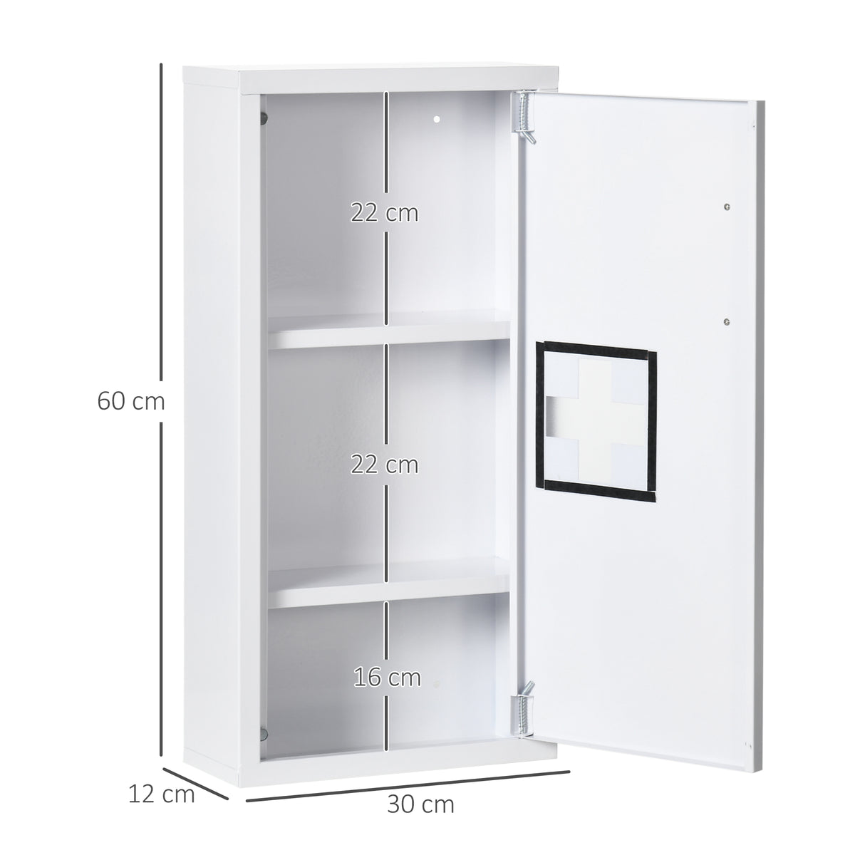 Medizinschrank, 3 Innenf?cher, Magnetverschluss, Kreuzsymbol, Stahlgeh?use, wei?, 30 x 12 x 60 cm