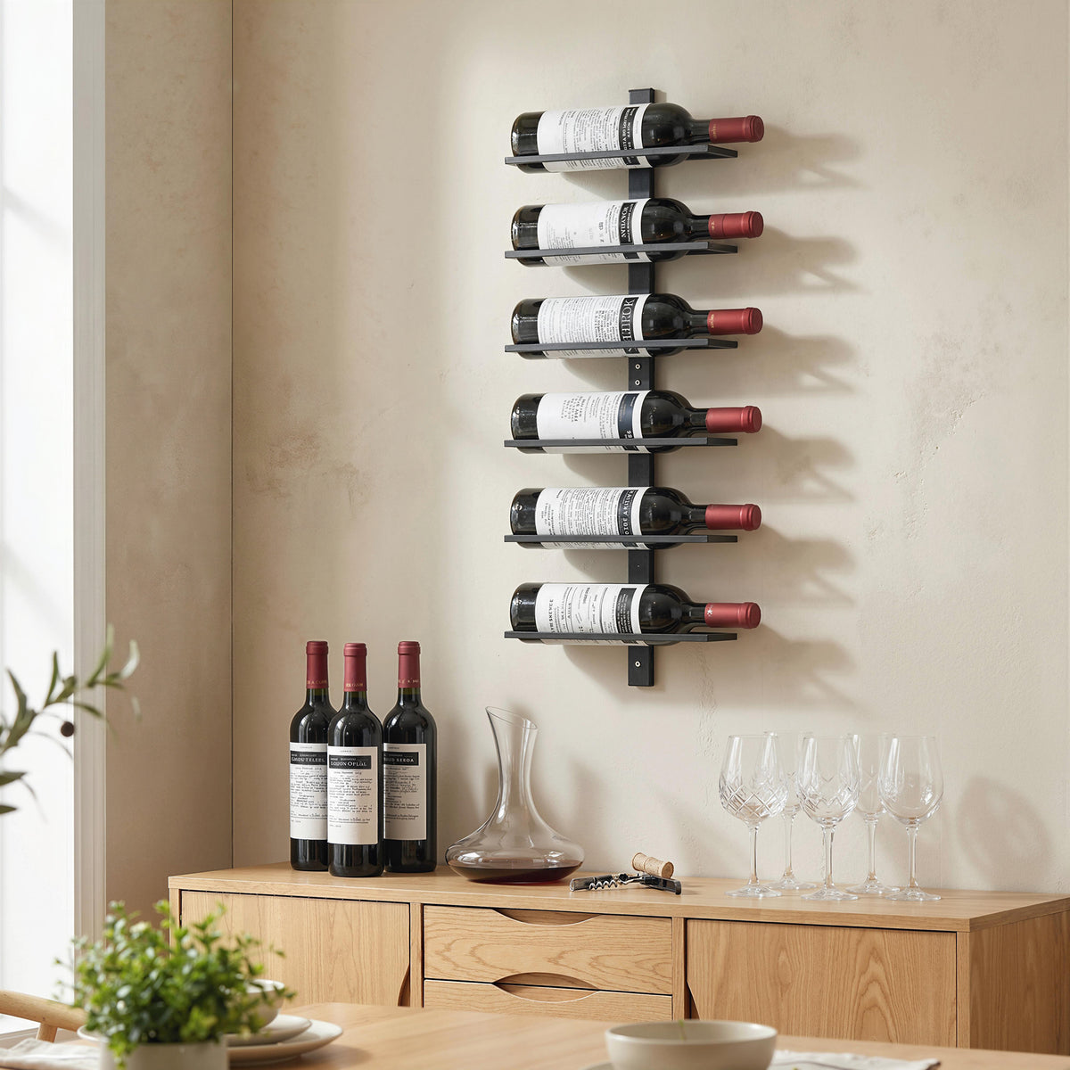 Wall Mounted Wine Rack, 6 Tier Metal Wine Display Rack, Storage Holder for Kitchen, Black