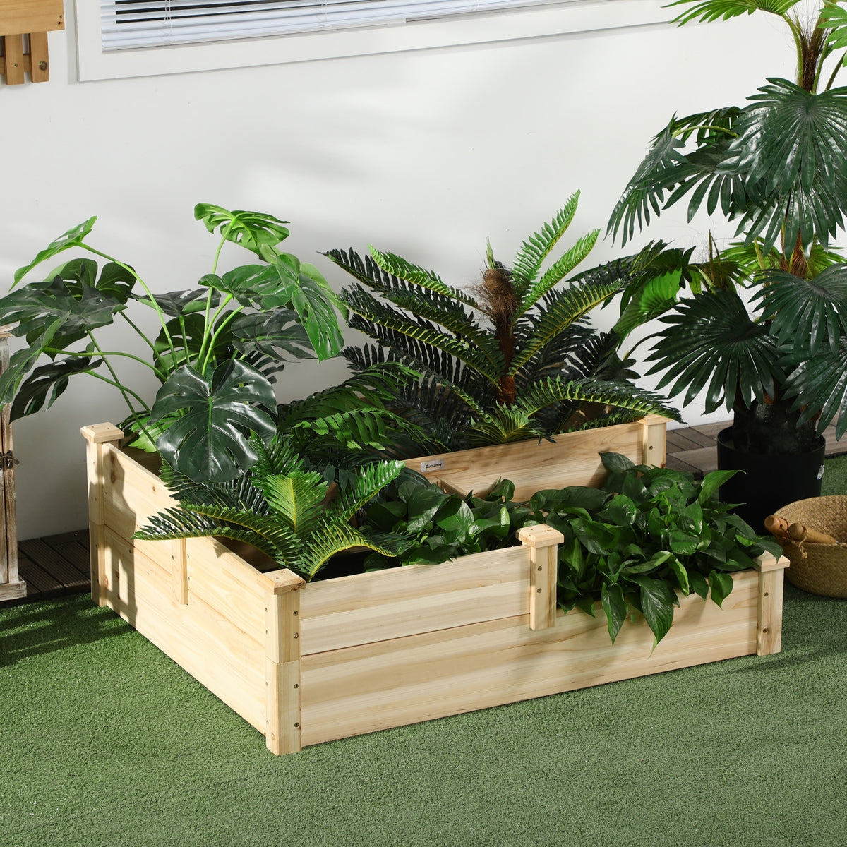 Hochbeet mit 3 Pflanzk?sten, 3-stufiges Design, offenere Boden, 108 cm x 88 cm x 36 cm, Natur