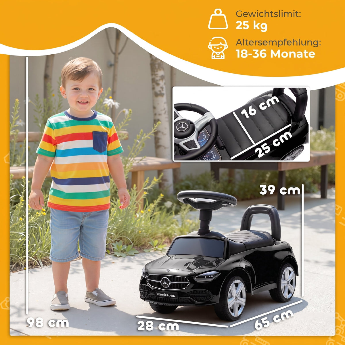 Official Mercedes-Benz Ride On Car, Foot to Floor Sliding Walker with Horn, Engine Sounds and Under-Seat Storage, Black