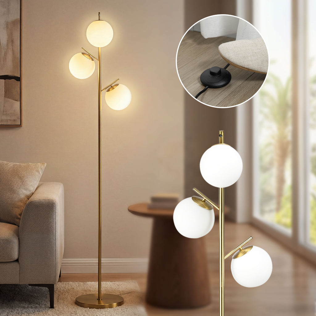 Stehleuchte im Retro-Design, Stehlampe, Stehlampe mit 3 Lampenschirmen, Glas, Gold