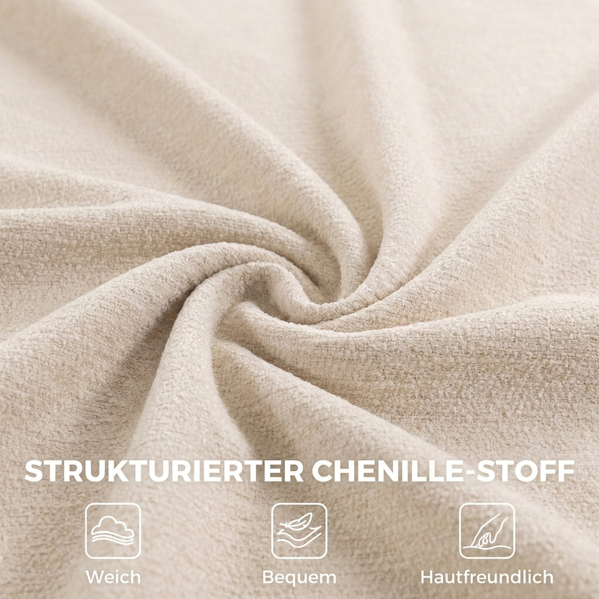 360° drehbarer Loungesessel mit Hocker, höhenverstellbar, Chenille-Bezug, mit Lendenkissen, Cremeweiß