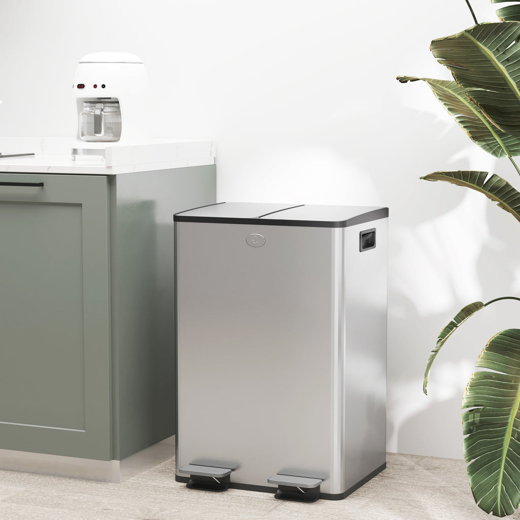 56L Dual Compartment Stainless Steel Bin, with Deodoriser Holders - Silver Tone