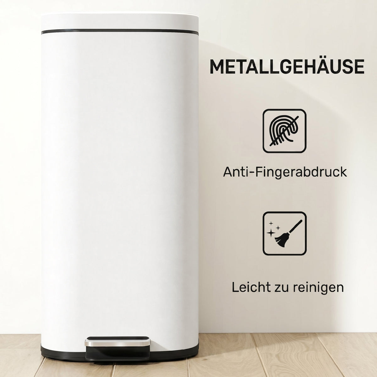 30L Kitchen Bin, Compact Pedal Bin with Soft-Close and Stay-Open Lid, Removable Bucket for Kitchen, Home, Office, Cream