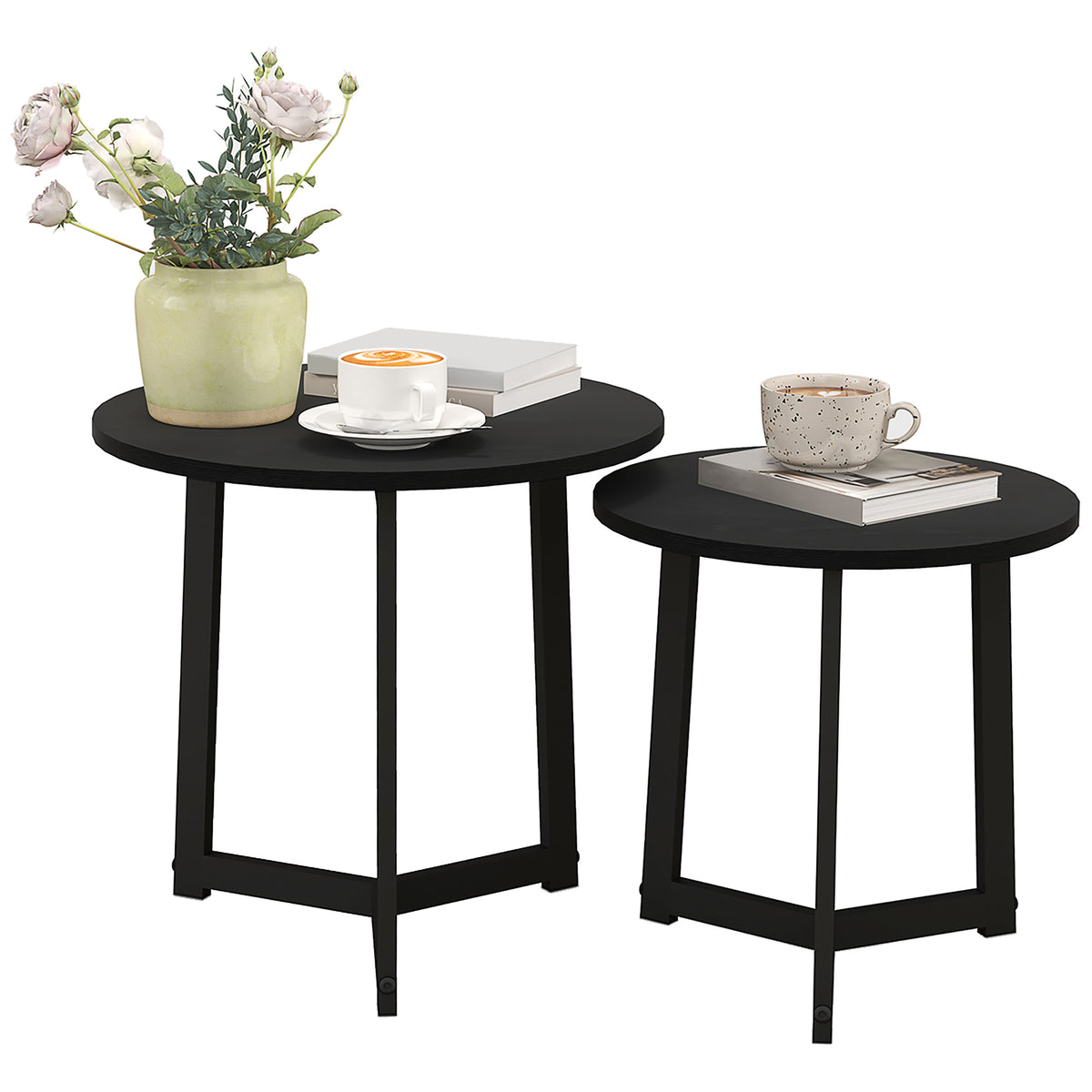 Moderner Couchtisch als 2er-Set, Metallrahmen, MDF, Rundes Design, ineinander verschiebbar, Schwarz