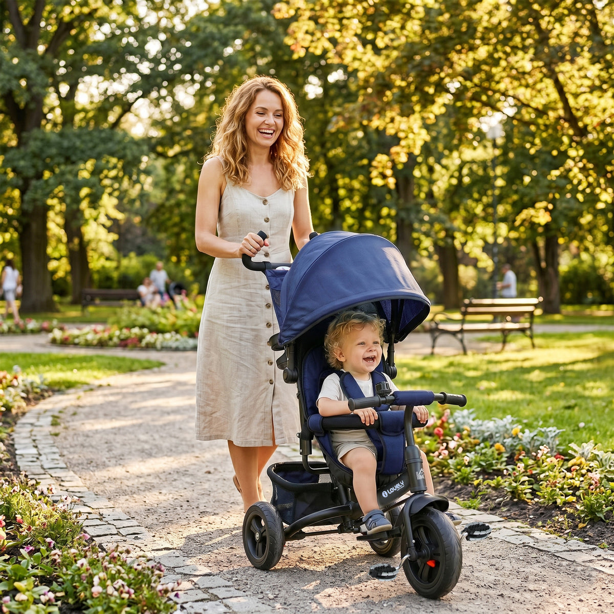 6 in 1 Kids Trike with Parent Handle, Canopy, 5-point Seat Belt, Storage, Footrest, Brake, for 1-5 Years, Dark Blue