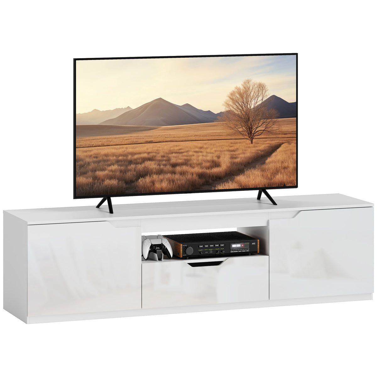 TV-Lowboard, Hochglanz, f¨¹r Fernseher bis 65'', 3 F?cher, Schublade, 160 x 38 x 43 cm, Wei?