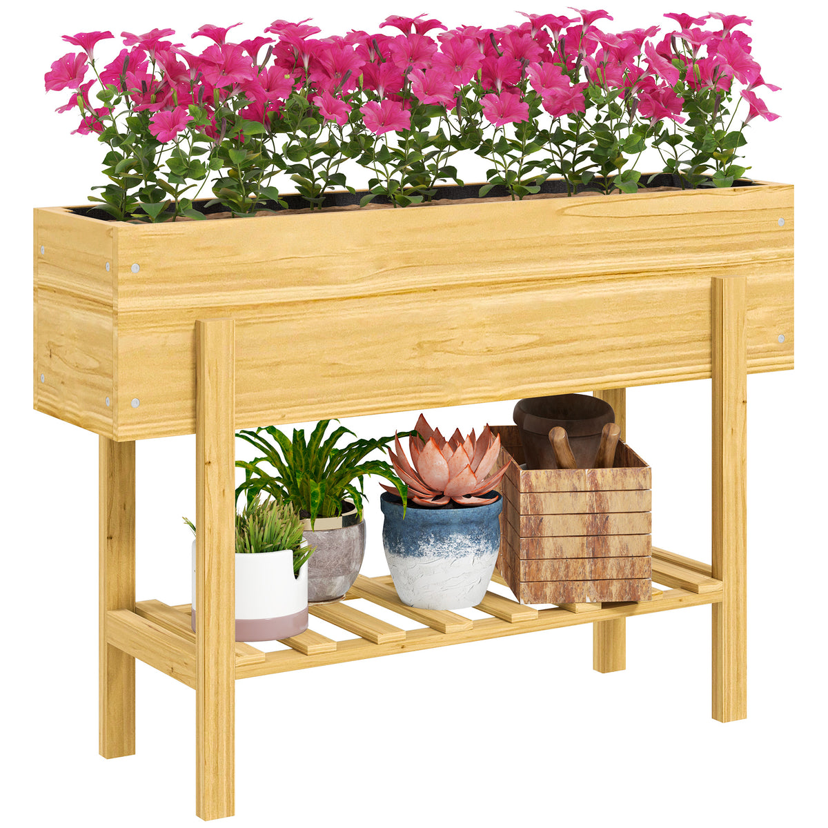 Wooden Raised Garden Bed, Elevated Planter Box with Bed Liner, Drainage Holes and Storage Shelf, Raised Planter for Vegetables, Flowers, Herbs, 100 x 30 x 71 cm, Natural Wood Finish