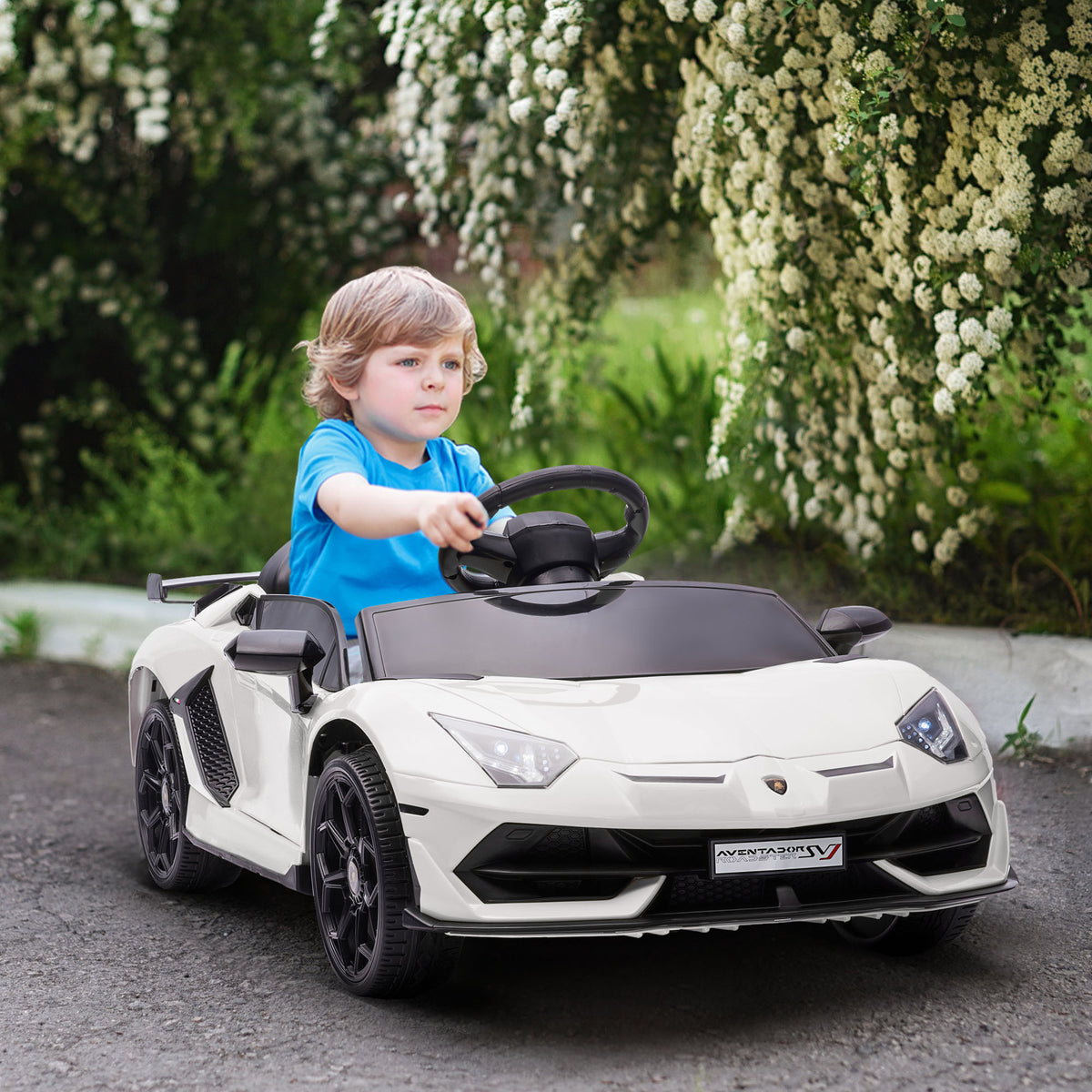 Elektro-Kinderauto, lizenzierter Lamborghini Aventador, Flügeltüren, Musik, Hupe, für 3-5 Jahre, Weiß