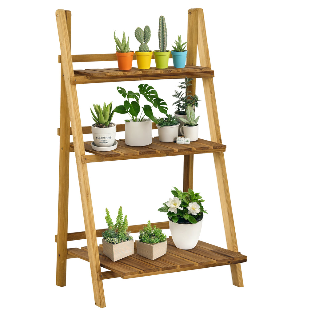 Wooden Folding Flower Pot Stand 3 Tier Garden Planter Display Ladder Gardener Storage Shelves Rack Herb Holder (60L x 37W x 93H cm)