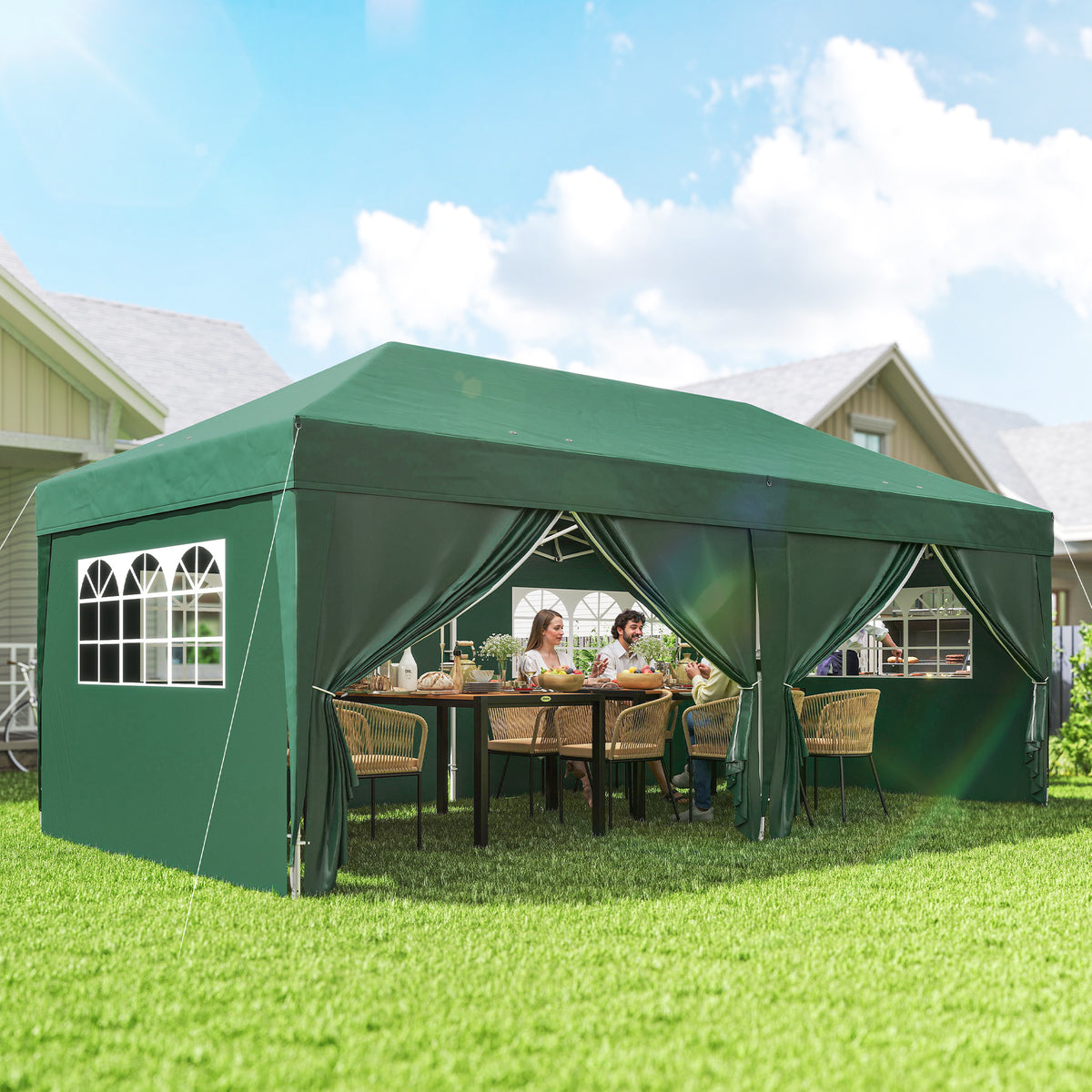 3 x 6m Pop-Up Gazebo, with Curtain Walls and Windows - Dark Green