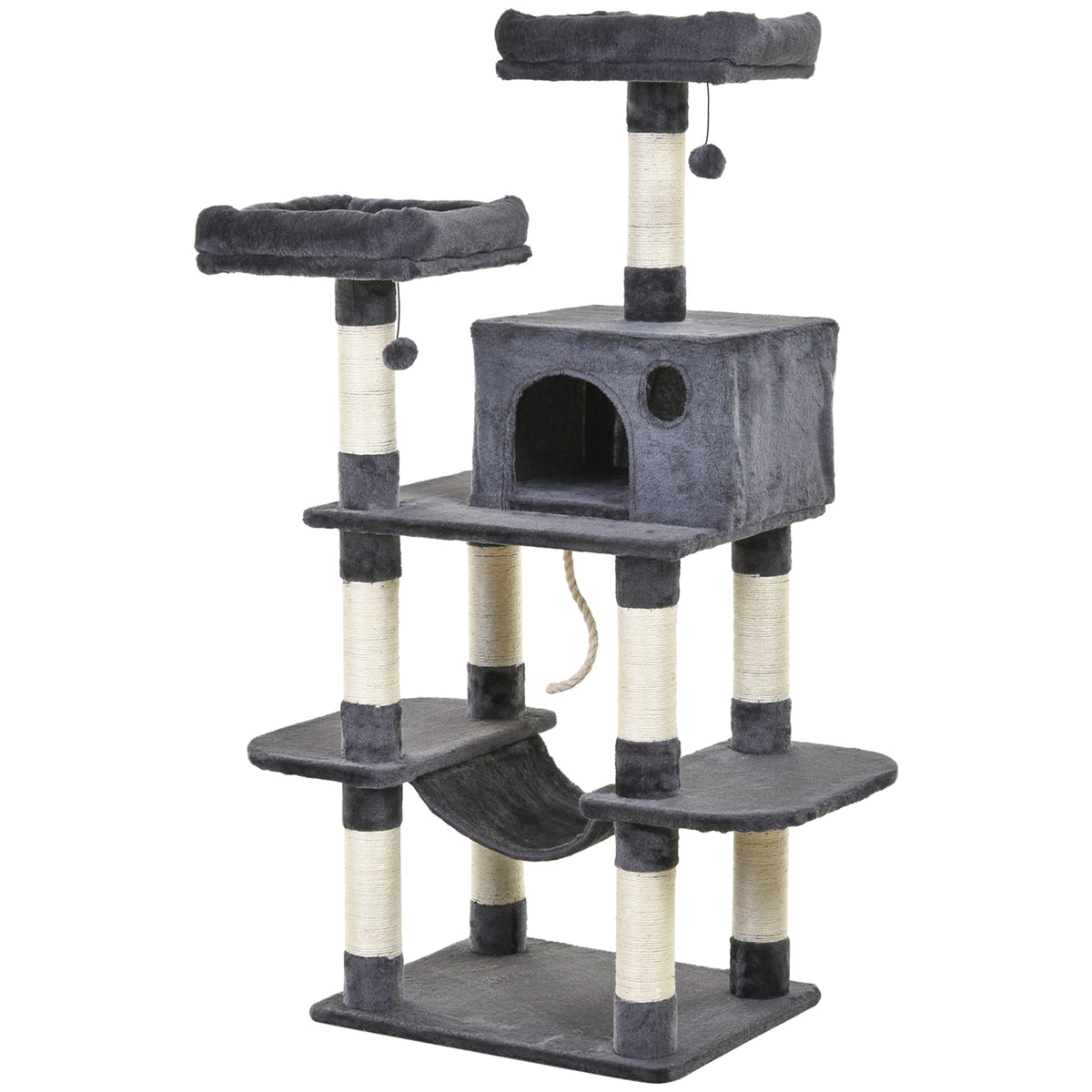  Katzenbaum Luxus mit Hängematte Katzenhaus Kletterbaum mit Hängematte und Katzenhaus Katzenspielturm Dunkelgrau 60 x 48 x 144 cm